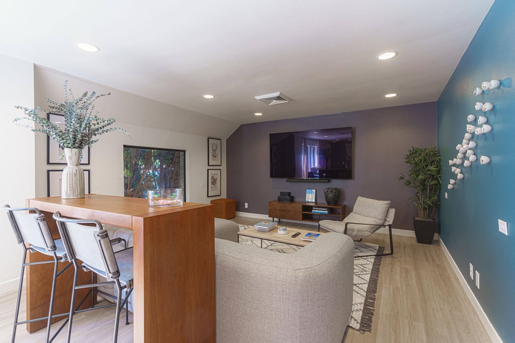 a living room with a couch and a bar and a television